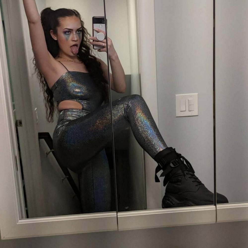 KTOO rainbow metallic jump suit from Dolls Kill